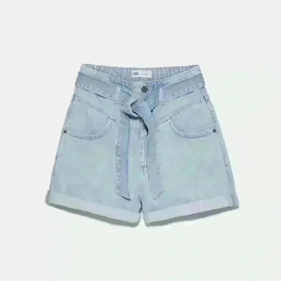 Zara Belted Denim Shorts / Light Blue - Picture 1 of 5